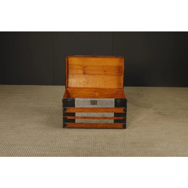 Antique Dome-Top Steamer Trunk With Embossed Zinc Panels and Wood Slats, C. 1890 For Sale In Los Angeles - Image 6 of 18
