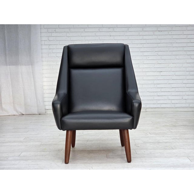 Danish Highback Armchair in Black Leatherette and Teak, 1970s For Sale - Image 18 of 18