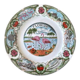Vintage 1980s Florida Souvenir Plate With Pink Flamingos For Sale