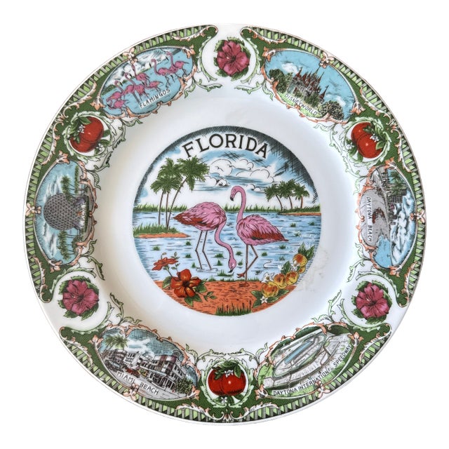 Vintage 1980s Florida Souvenir Plate With Pink Flamingos For Sale