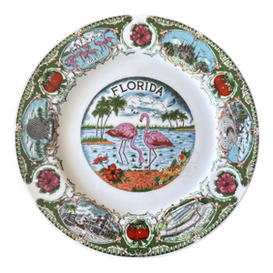 Vintage 1980s Florida Souvenir Plate With Pink Flamingos