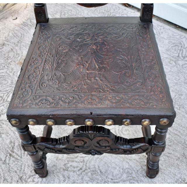 Antique Tudor Carved Walnut & Tooled Leather High Back W/Brass Studs & Finials For Sale In Philadelphia - Image 6 of 12