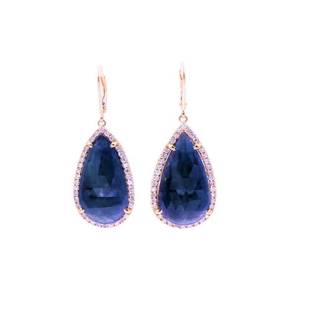 Contemporary Blue Sapphire Pear Drop Faceted Cabochon Diamond Halo Drop 18k Gold Earrings, A Pair For Sale - Image 3 of 6