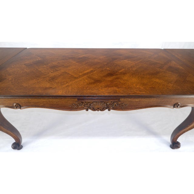 Brown Carved Oak Country French Refractory Parquetry Dining Table Table 2x29" Leaves For Sale - Image 8 of 14