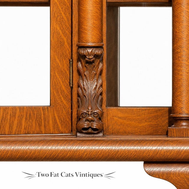 Wood Antique 1900 American Oak Triple Curved Glass China Cabinet | Carved Lion Head & Claw Foot | Bow- Front China Cabinet For Sale - Image 7 of 12