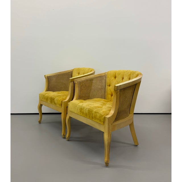 Vintage Cane & Tufted Velvet Barrel Chairs - Pair For Sale - Image 4 of 7