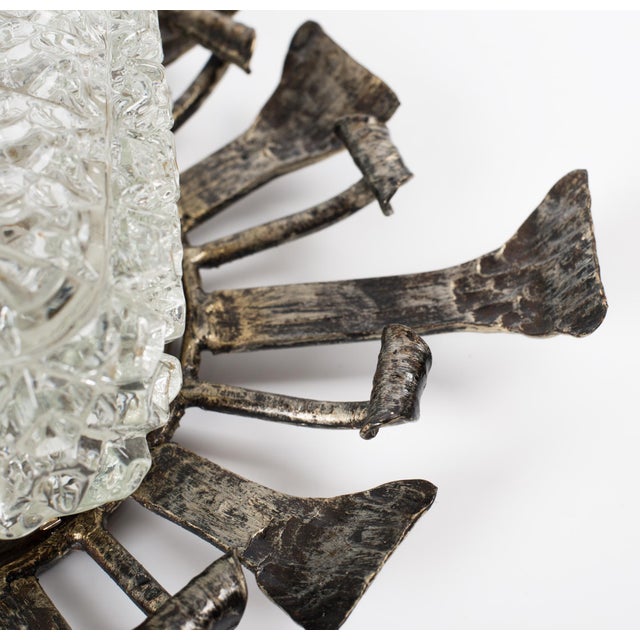 1950s Spanish Brutalist Flush Mount Ceiling Light – Silvered Wrought Iron & Heavy Embossed Glass For Sale - Image 6 of 14