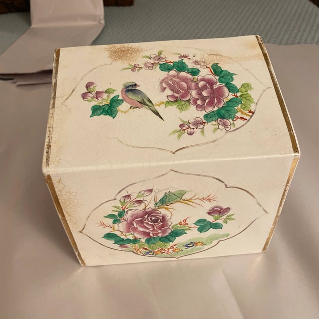 Antique Chinese opium pillow. Porcelain Famille rose with Chinese characters , gold gilt accents, flowers and bird hand...