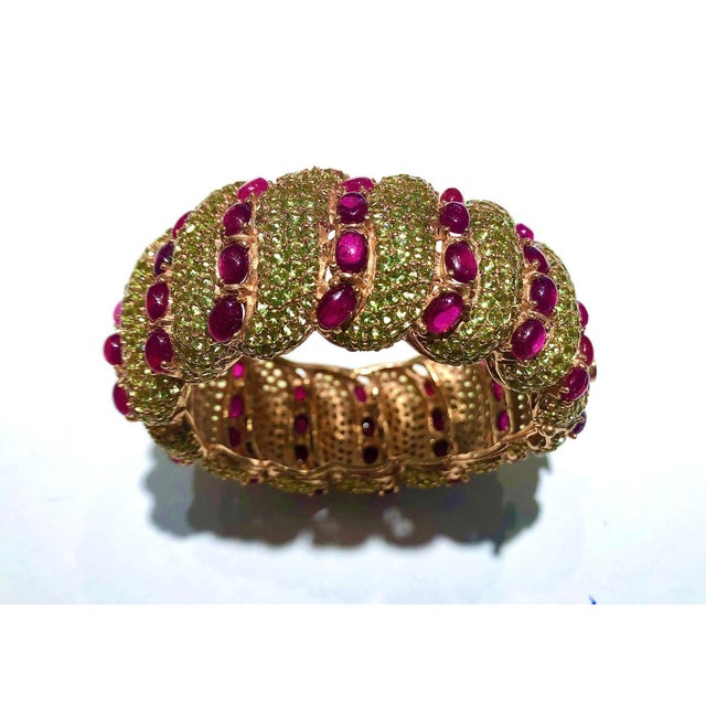 Baroque Bochic "Capri" Natural Ruby & Natural Peridot Bangle Set In 18K Gold & Silver For Sale - Image 3 of 18
