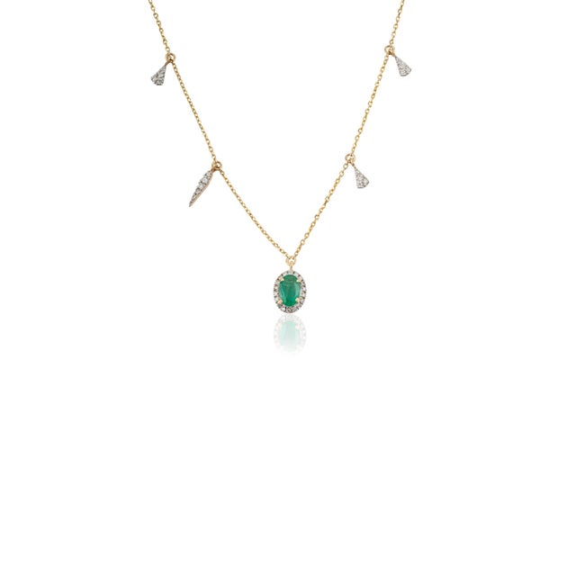 Oval Emerald & Diamond Drop Halo Station Charm Necklace in 14k Yellow Gold For Sale - Image 4 of 13