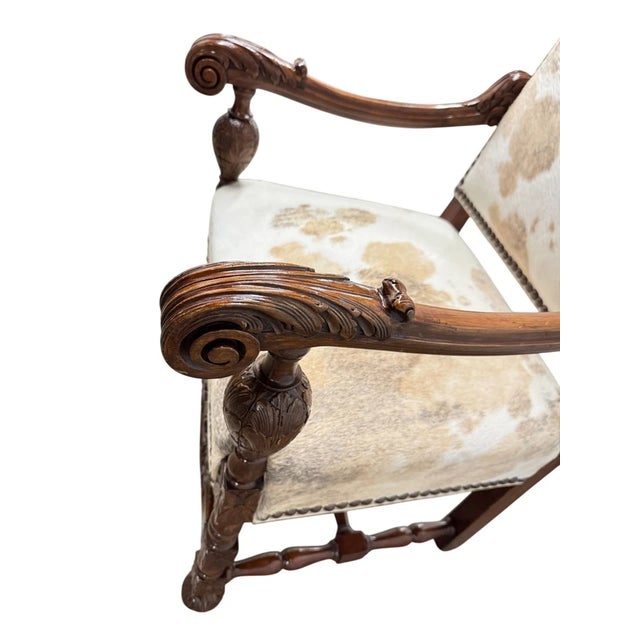Animal Skin Antique French Baroque Carved Wood Animal Hide Throne Chair For Sale - Image 7 of 17