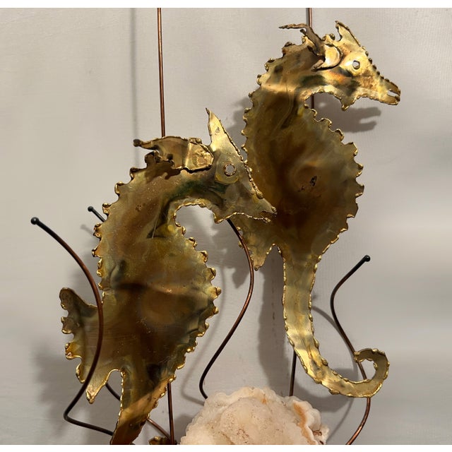 Vintage Brass Seahorse Sculpture on Quartz & Teak Base For Sale - Image 4 of 10