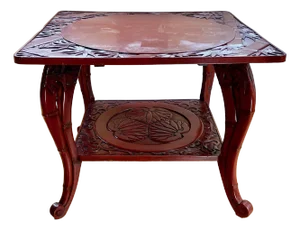 1900s Chinoiserie Style Lacquer Hand Carved Two Tier Table With Bamboo and Lotus Motifs in the Style of Liberty