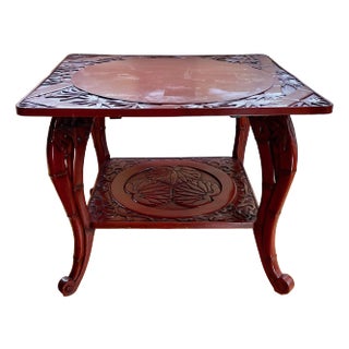 1900s Chinoiserie Style Oxblood Red Lacquer Hand Carved Two Tier Table With Bamboo and Lotus Motifs in the Style of Liberty C1900 For Sale