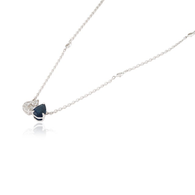 Toi Et Moi Pear Cut Blue Sapphire & Diamond Pendant Necklace in 14k White Gold For Sale - Image 4 of 15