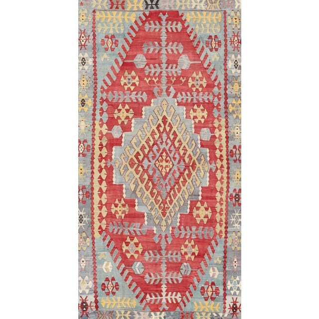Vintage Turkish Kilim Flat-Weave Rug With Geometric Design in Red, Yellow, Green For Sale - Image 4 of 12