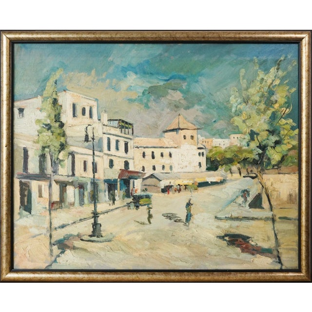 Framed impressionist town scene. Oil on canvas artist name: uns igned approx date: mid 20th century or earlier frame size:...