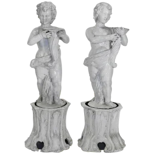 Pair of 19th Century Italian Glazed Terracotta Cherubs on Tree Trunk Pedestals