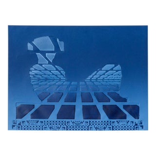 "Chac #2" - Sky Blue Geometric Mayan Chac Mool Lithograph by Marilyn Kruger For Sale