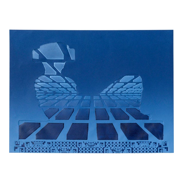 "Chac #2" - Sky Blue Geometric Mayan Chac Mool Lithograph by Marilyn Kruger For Sale