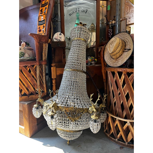 Vintage Extra Large Gold and Crystal Deer Head 18-Light Chandelier For Sale - Image 11 of 12