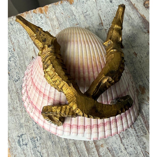 Metal French Scallop Shell on Brass Pedestal Seahorse Base For Sale - Image 7 of 8