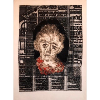 Zvi Milshtein, Portrait of Woman on Typeface French Jewish Surrealist Aquatint Etching Judaica, c.1960s For Sale