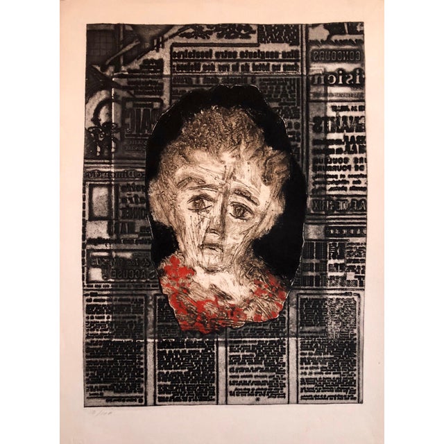 Zvi Milshtein, Portrait of Woman on Typeface French Jewish Surrealist Aquatint Etching Judaica, c.1960s For Sale