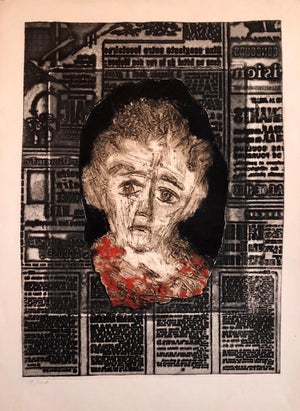 Zvi Milshtein, Portrait of Woman on Typeface French Jewish Surrealist Aquatint Etching Judaica, c.1960s