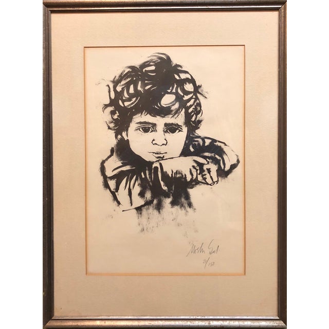 Moshe Gat, Lithograph Israeli Modernist Judaica, Kibbutz Boy, Bezalel Artist, c.1960 For Sale
