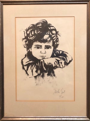 Moshe Gat, Lithograph Israeli Modernist Judaica, Kibbutz Boy, Bezalel Artist, c.1960