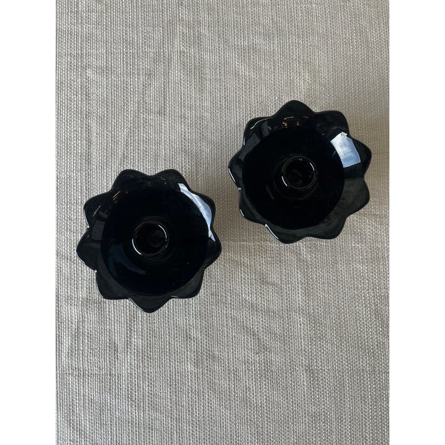 Vintage Black Glass Lotus Candle Holders – Footed Pair For Sale In New York - Image 6 of 7