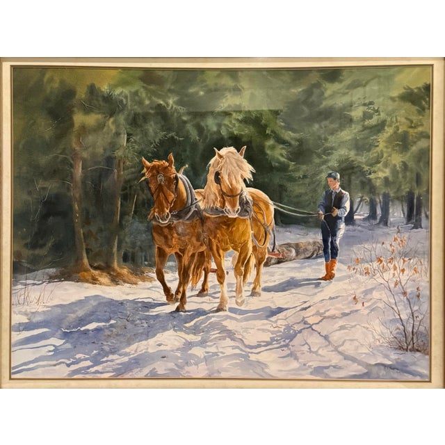 Rustic Late 20th Century Canadian Watercolor Painting “Winter Team Logging” by M.S. Martin Sca For Sale - Image 3 of 10