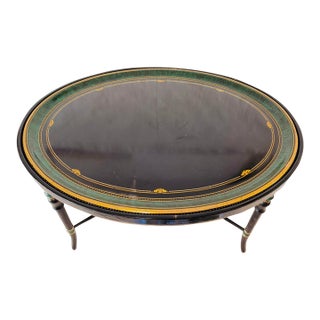 Vintage Hollywood Regency Style Hand-Painted Papier-Mâché Oval Tray on Faux Bamboo Stand For Sale