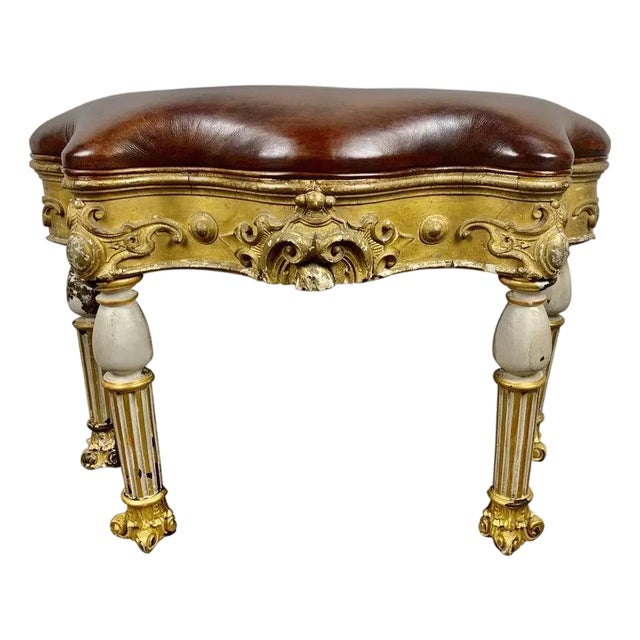 Italian Painted and Parcel Gilt Leather Bench For Sale