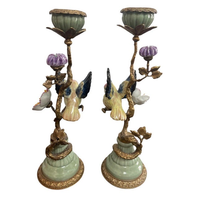 2000 - 2009 Pair of Vintage French-Style Porcelain and Ormolu Bird Candlesticks For Sale - Image 5 of 11