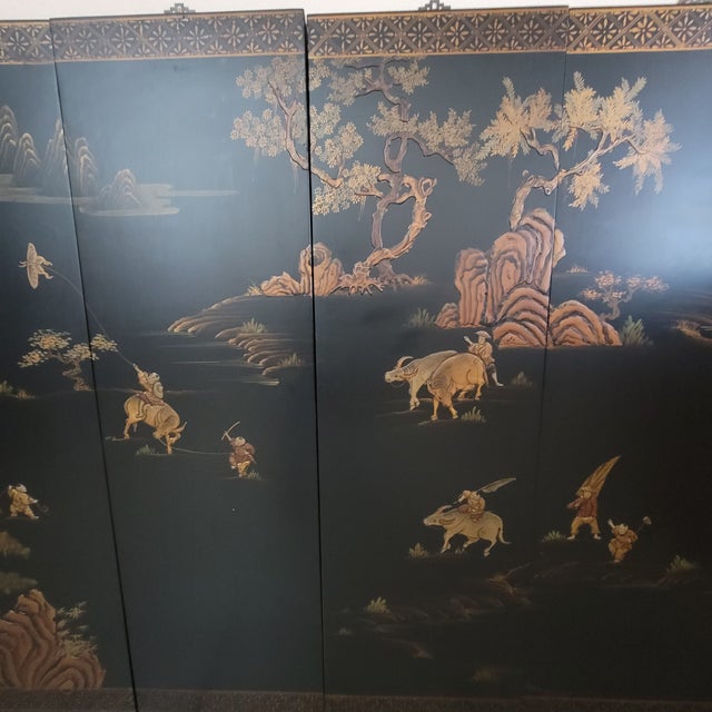 Early 20th Century Vintage Chinese Set of 6-Panel Wall Hanging Hand-Painted Landscape With Still Life For Sale - Image 5 of 12