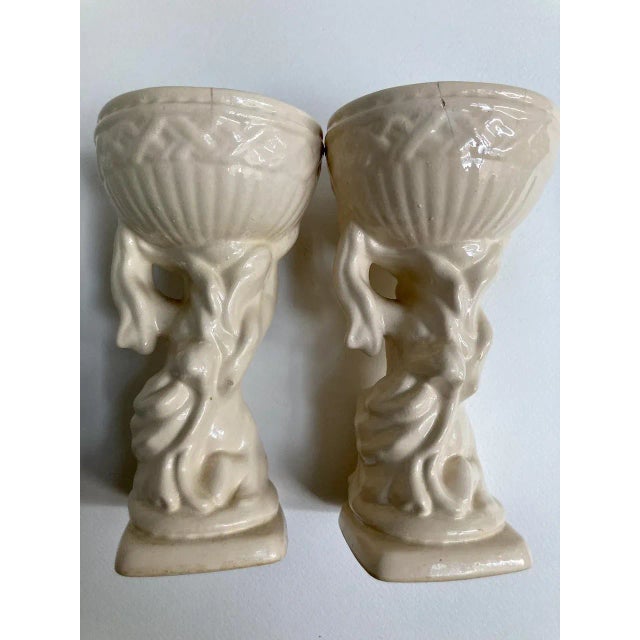 Mid 20th Century Cream Ceramic Cherub Vases Candle Holders - A Pair For Sale - Image 4 of 13