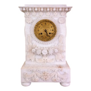 Alabaster Mantel Clock with Floral Decoration For Sale