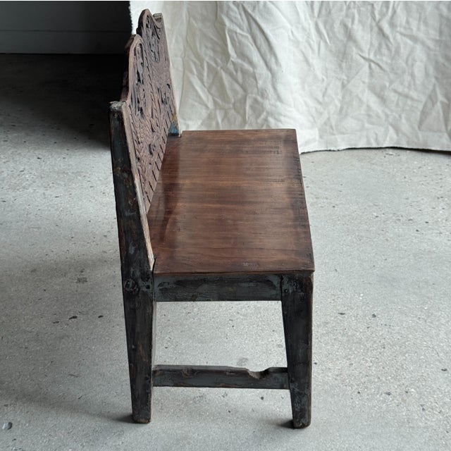 Wood Mini Bench with Carved Backrest, 1980s For Sale - Image 7 of 18