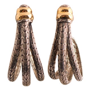 Late 20th Century John Hardy Sterling Silver and 18k Gold Half Hoop Earrings, A Pair For Sale