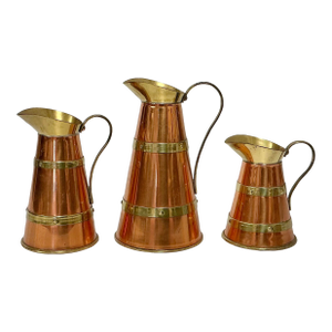Vintage Rustic European English Arts & Crafts Copper & Brass Pitchers - Set of 3.