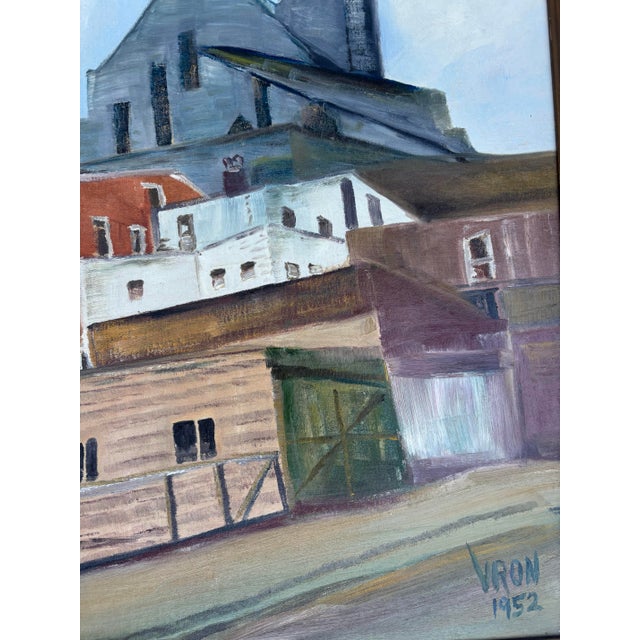 This captivating midcentury 1952 cityscape painting captures the energy and architectural rhythm of an urban landscape...