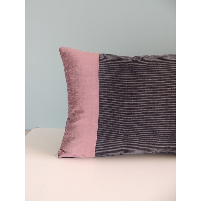 Petite Woven Silk Boudoir Decorative Pillow Strie grey and black front with pinkish sash. Feather/Down filled Zipper...