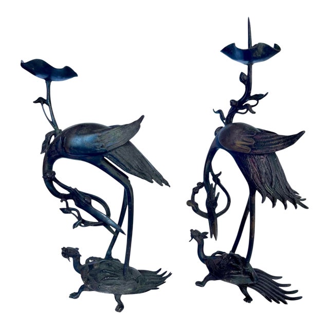 Meiji Early 20th Century Japanese Shokudai Bronze Candlestick Antique Metal Crane Bird Tortoise Animal Lotus For Sale