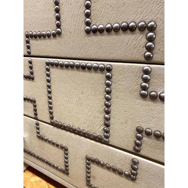 Beige Vintage Hollywood Regency Studded Faux Leather Nightstand Table Campaign Chest For Sale - Image 8 of 11