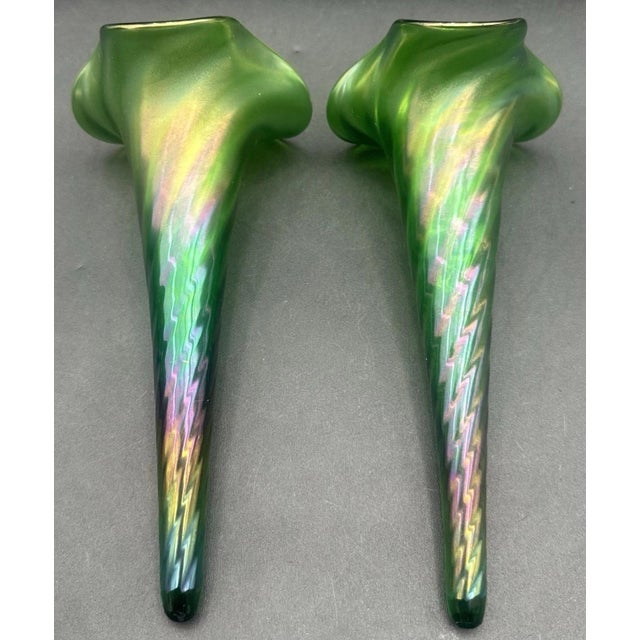 Antique Victorian Glass Epergne Trumpet Horn Vase Green Opaline Metal Base Pair For Sale - Image 12 of 17