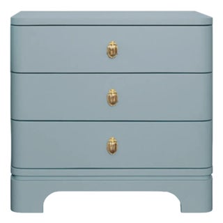 Matthew Izzo Home Fortune Light Blue Matte Lacquer Three Drawer Side Table With Brass Beetle Knob For Sale