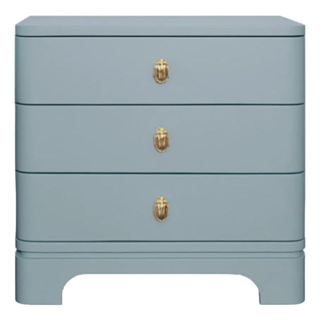 Matthew Izzo Home Fortune Light Blue Matte Lacquer Three Drawer Side Table With Brass Beetle Knob For Sale