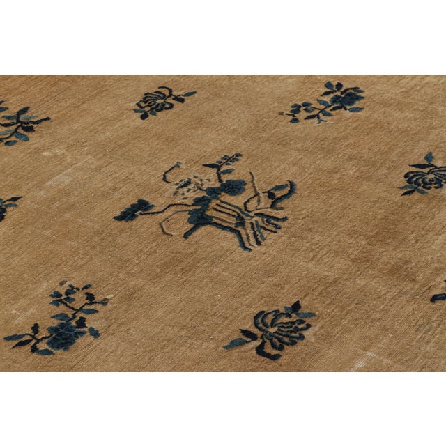 Chinese Antique Chinese Peking Rug in Beige and Blue With Floral Patterns - Rug & Kilim For Sale - Image 3 of 8